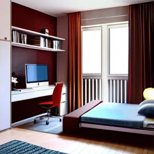 Дизайн интерьера комнаты подростка с рабочим столом и зоной отдыха